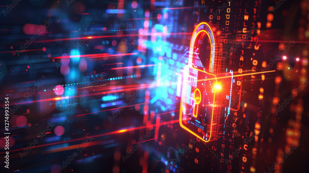 Poster digital lock symbol representing cybersecurity and data protection, surrounded by vibrant binary cod