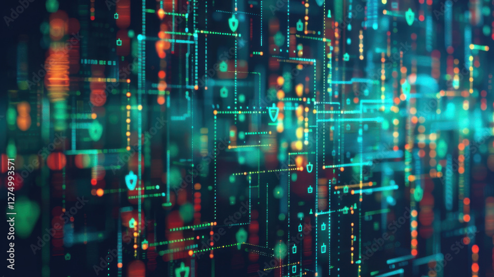 Poster digital abstract background with glowing lines and nodes representing data flow and connectivity. vi