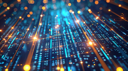 Obraz premium vibrant digital background featuring glowing binary code and bright particles, creating sense of depth and technology. Perfect for tech related themes