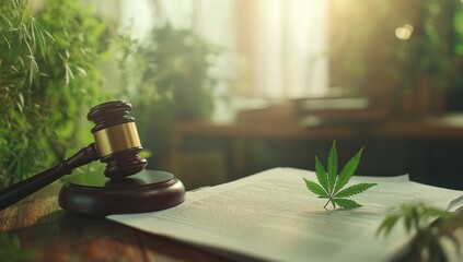 Legal hearing on cannabis laws, documents, gavel, sunlight