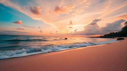 Obraz premium Closeup sea sand beach. Panoramic beach landscape. Inspire tropical beach seascape horizon. Orange and golden sunset sky calmness tranquil relaxing sunlight summer mood. Vacation travel holiday banner