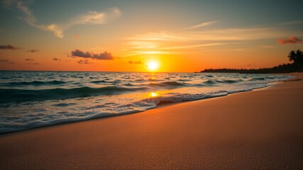 Fototapeta premium Closeup sea sand beach. Panoramic beach landscape. Inspire tropical beach seascape horizon. Orange and golden sunset sky calmness tranquil relaxing sunlight summer mood. Vacation travel holiday banner