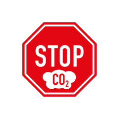 Red stop CO2 or carbon dioxide protest sign against climate change. White text and CO2 icon on red traffic sign. Vector illustration.