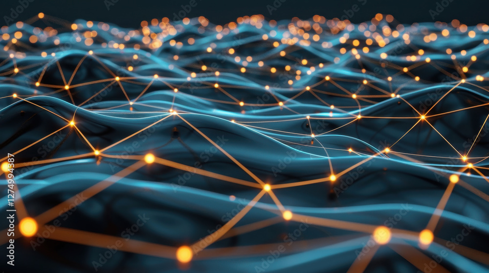 Poster abstract digital network with glowing nodes and flowing lines, representing connectivity and technol