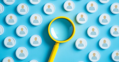 Magnifying Glass Searching People Icons on Blue Background