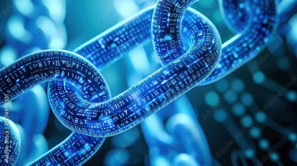 Poster digital chain link with binary code, symbolizing blockchain technology and data security. vibrant bl