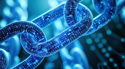 Digital chain link with binary code, symbolizing blockchain technology and data security. vibrant blue color enhances futuristic feel of image
