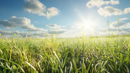 Fototapeta premium Lush green grass under bright sun with fluffy clouds in blue sky, creating serene and peaceful atmosphere