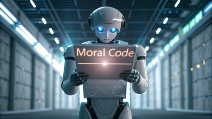 A futuristic robot holds a sign reading "Moral Code," symbolizing the intersection of technology and ethics in a modern setting.
