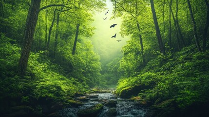 Obraz premium Serene Forest Stream Birds Fly Through Lush Green Canopy