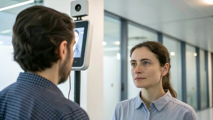 A woman and a man engage in a biometric scanning process in a modern office setting.