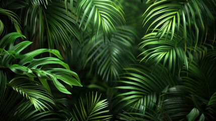 Fototapeta premium Lush green tropical leaves create vibrant and serene background, perfect for nature themed designs. rich textures and shades evoke sense of tranquility and freshness