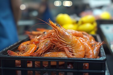 Fresh shrimp in market crate, lemons blurred background