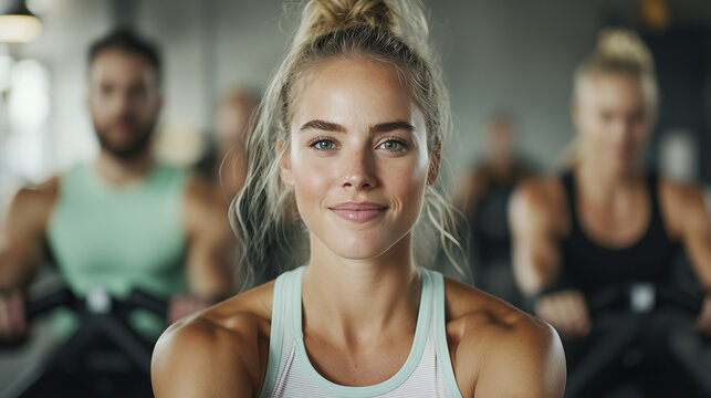 Woman enjoys fitness session, feeling healthy and determined, while working out with group on rowing machines in gym