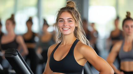 happy woman in activewear smiles confidently at gym, surrounded by fitness class doing pilates, radiating vitality and wellbeing
