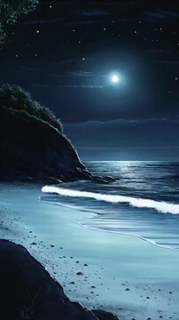 a night view of a beach shore, realistic Water waves 