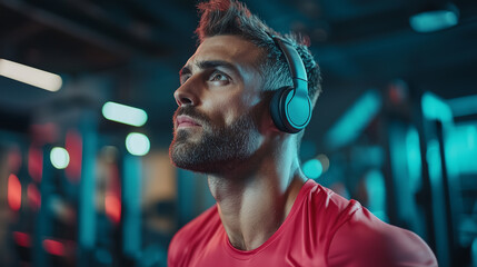 Man listens to music at gym for focus and motivation, feeling determined. Corporate members are working to stay in shape