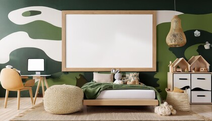 Military Style Room Interior Frame Mockup in Boys Room With Authentic Military Accents and Warm Wooden Elements, Striking a Balance Between Modern and Classic Aesthetics.