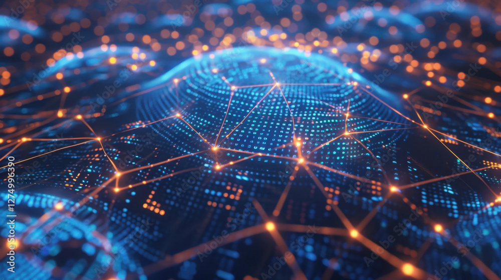 Poster abstract digital network with glowing nodes and connections, representing technology and data flow. 