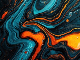 Obraz premium A vibrant abstract pattern featuring swirling turquoise and orange hues against a dark background, creating a striking visual impact.