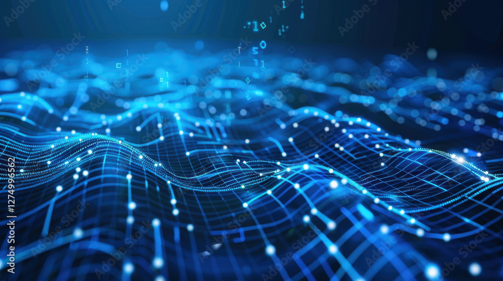 Poster abstract digital waves with glowing blue lines and binary code, representing technology and data flo