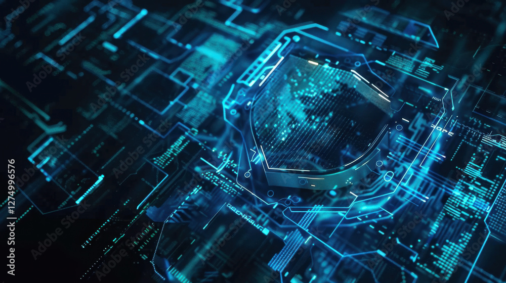 Poster digital security concept with shield and data visualization
