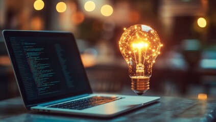 Glowing Idea Laptop coding, cafe bokeh background
