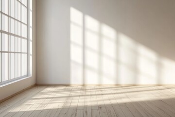 Obraz premium Sunlight streams through large window in empty room, hardwood floor