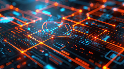 vibrant digital circuit board with glowing blue and orange lines, showcasing technology and innovation. intricate patterns evoke sense of advanced computing and connectivity
