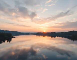 Fototapeta premium Lake Reflecting Sunrise with Forests and Cloudy Sky Background