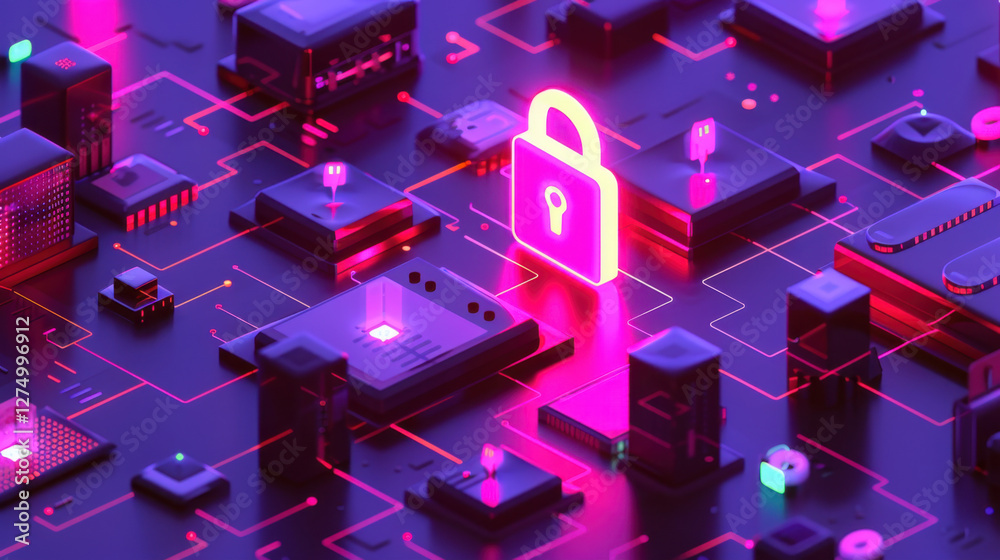 Poster digital security concept with glowing lock symbol and circuit patterns