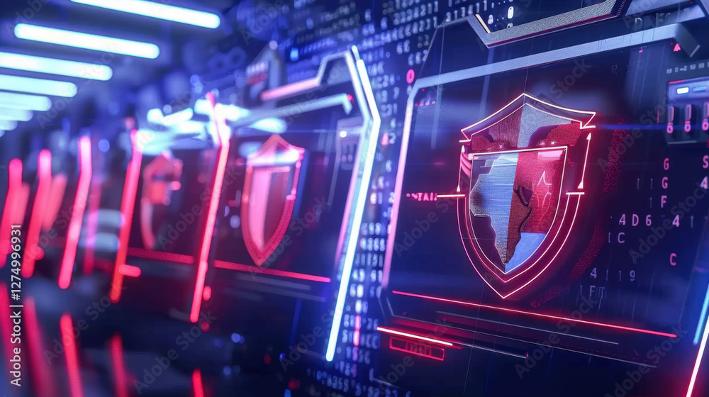 Poster futuristic digital security interface with glowing shields and binary code, representing cybersecuri