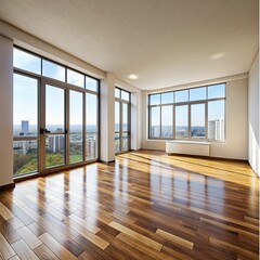 Fototapeta premium Bright and spacious modern apartment features large windows showcasing a stunning urban landscape. The wooden flooring adds warmth to the empty space