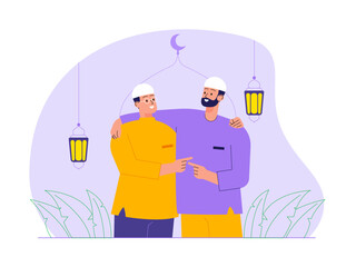 Muslim men hugging each other. Eid illustration. Flat vector illustration concept.