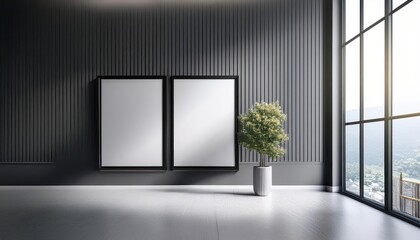 Elegant Gray Interior Side View of Intricately Detailed Frame Mockup with Glossy Glass Reflecting Vibrant Decor Elements, Illuminating a Stylish and Sophisticated Home or Design Space.
