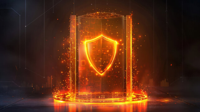 glowing shield symbol surrounded by protective barrier, representing security and safety in digital environment. vibrant orange and yellow hues create sense of energy and protection