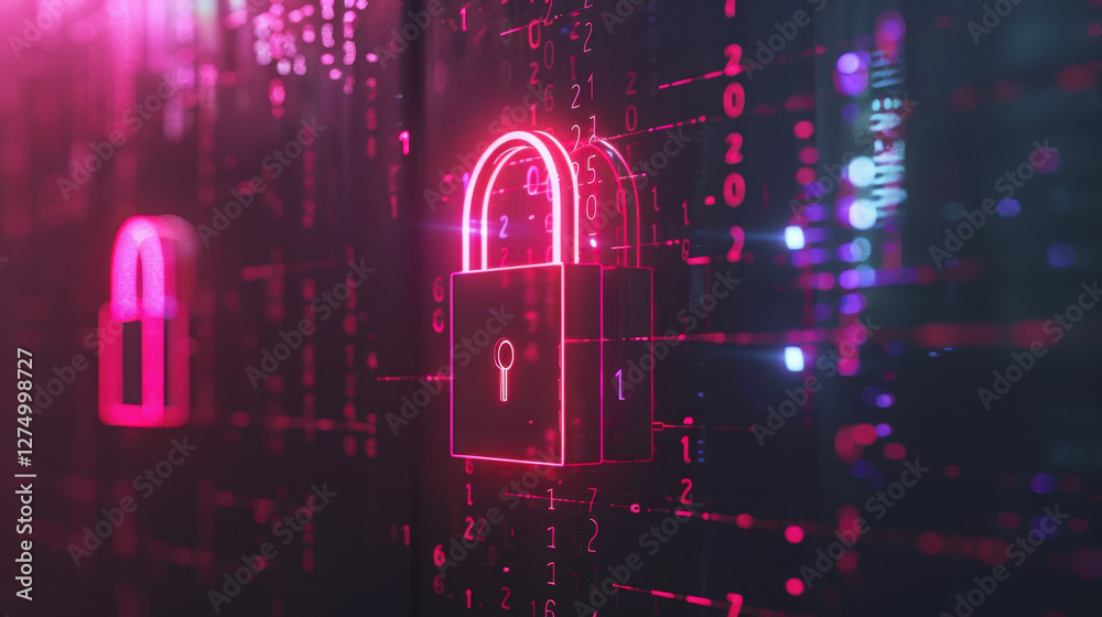 Poster digital padlock symbol with binary code in neon colors, representing cybersecurity and data protecti