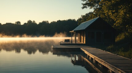 Fototapeta premium Lakeside Cabin Sunrise Foggy Morning Serenity