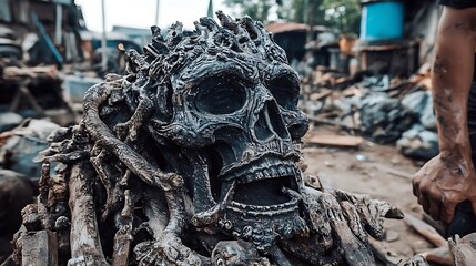 Ornate skull sculpture in a slum setting, possible use for an art or cultural theme