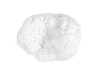 Liquid white foam from soap, shampoo or bath foam. Abstract soap bubbles. Set of soap bubbles. Separated soap bubbles on white background with contrasting texture.
