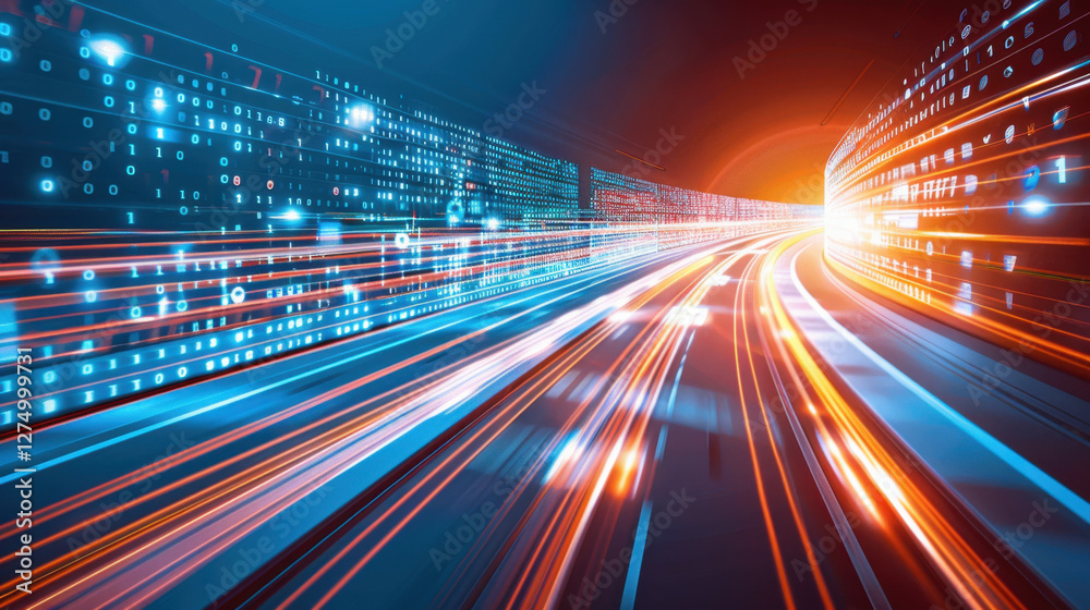 Poster abstract digital background with glowing lines and binary code, representing speed and technology. v