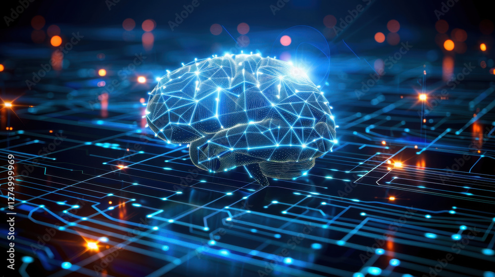 Poster digital representation of brain with glowing connections, symbolizing artificial intelligence and te