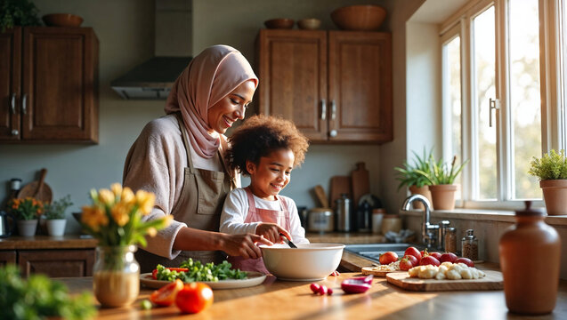 Joyful young adult Muslim mother and African daughter preparing a meal in a sunlit kitchen with fresh vegetables and herbs around them. Healthy food, happy multiethnic family concept