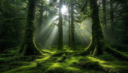Obraz premium Sunlight piercing mossy forest floor