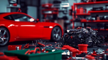 A vibrant auto repair shop showcasing a disassembled engine and tools amidst a red sports car backdrop