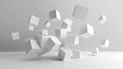Obraz premium Floating white cubes create dynamic and modern composition in minimalist space. arrangement evokes sense of movement and creativity