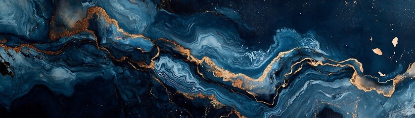 Obraz premium An abstract background of swirling blue and gold hues, reminiscent of flowing water. Ideal for digital designs, websites, and marketing materials seeking elegance and depth.