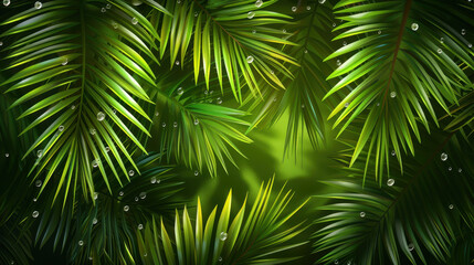 Lush green palm leaves with water droplets creating tropical atmosphere