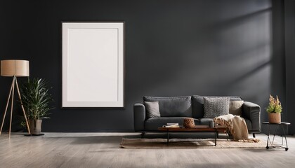 3D Rendered Frame Mockup in Modern Dark Living Room Interior A Sophisticated, Striking Vignette of Minimalist Design Elements and Textures, Exuding a Captivating and Trendsetting Ambiance.
