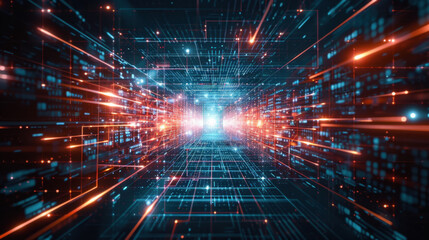 Fototapeta premium Futuristic digital tunnel with glowing lines and data streams, creating sense of depth and movement. Ideal for technology and sci fi themes